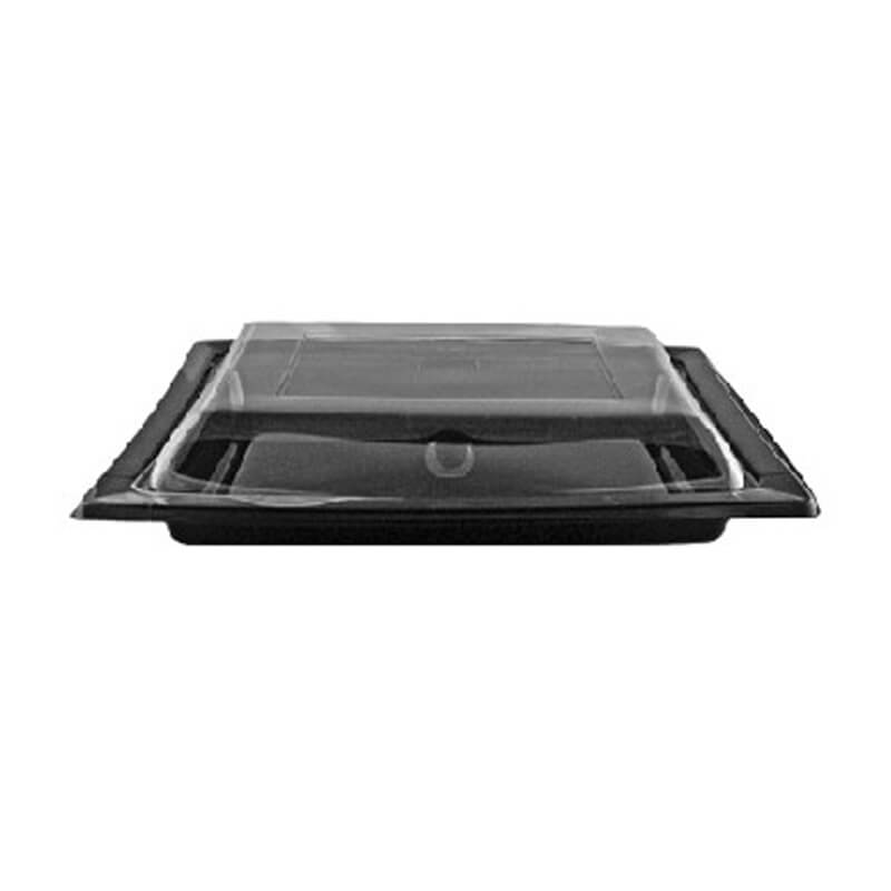 Ravier plat fond noir 600ml 25,5 x 21,5 x 2,5 cm avec couvercle PS recyclable anti-buée