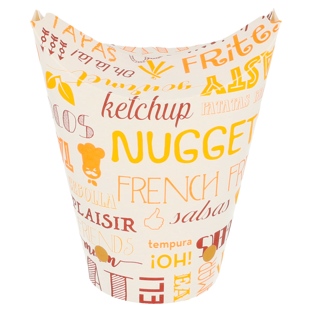 Pot à frites refermable avec trou en carton blanc décoré recyclable 360ml