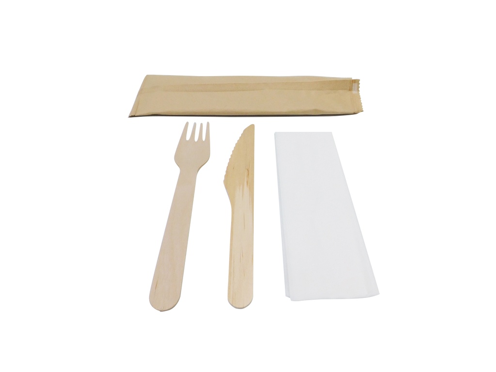 Kit couvert en bois 3 en 1 (fourchette + couteau +  serviette 1 pli)