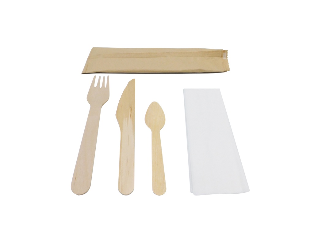 Kit couvert en bois 4 en 1 (fourchette + couteau + cuillère dessert + serviette 1 pli)