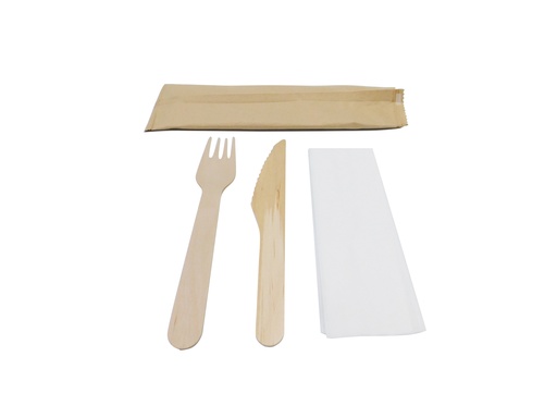 [KIT3/1B] Kit couvert en bois 3 en 1 (fourchette + couteau +  serviette 1 pli)